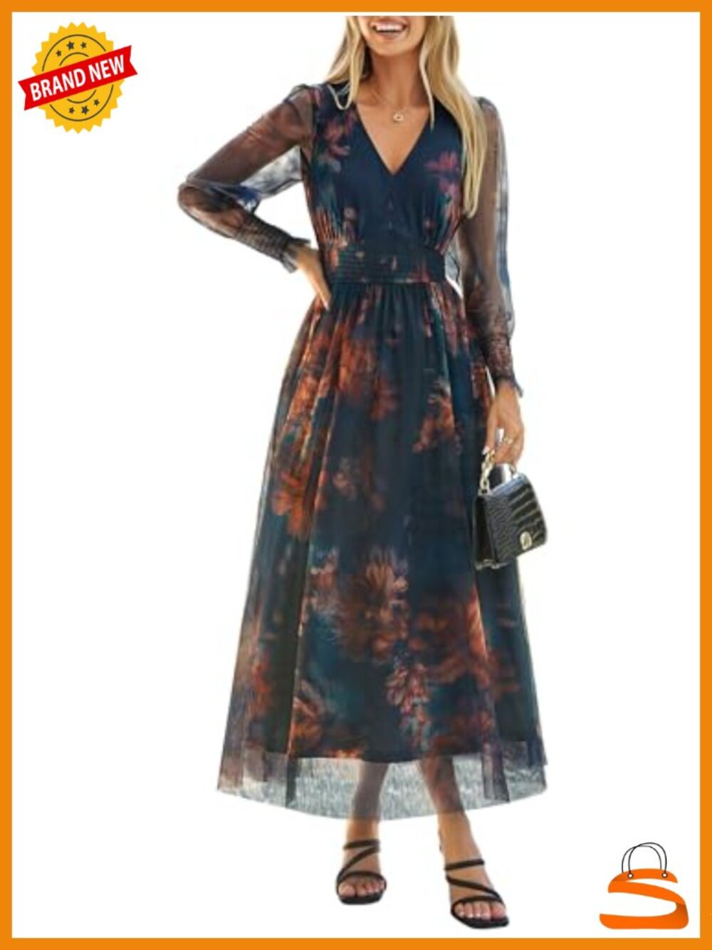 Women's Long Sleeve Tulle Floral Maxi Dress Smocked Empire Waist A-Line